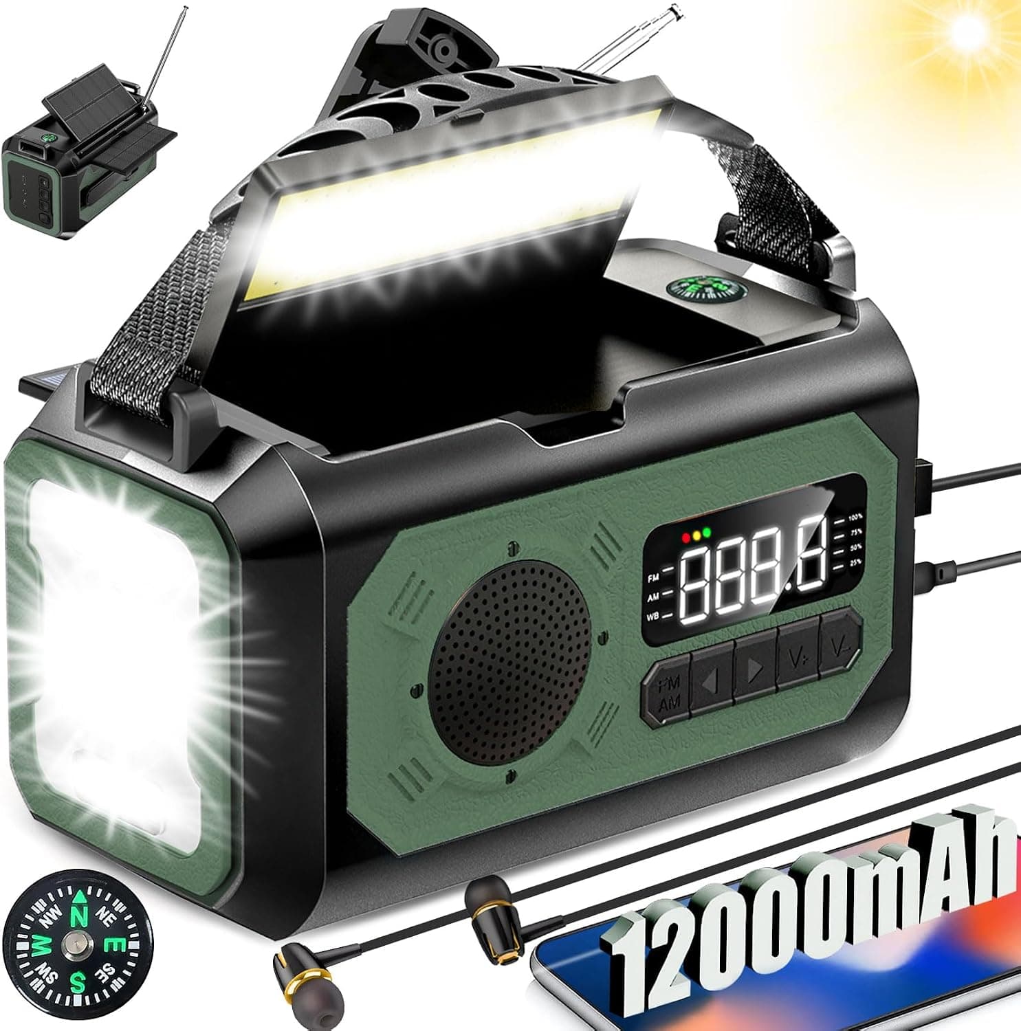 44400mWh/12000mAh Emergency Radio, Hand Crank Portable Solar Radio AM/FM/NOAA Weather Radio with 2 Solar Panels,3 Charging Methods,SOS Alarm,Flashlight,Phone Charger,Compass,Reading Lamp