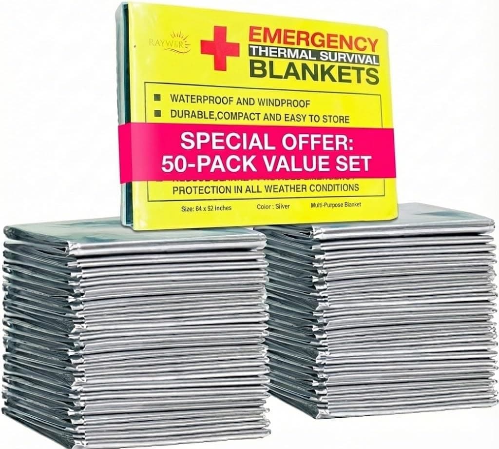 Rawyer (50 Pack) Emergency Thermal Survival Blankets, Mylar Blankets for Outdoor, Camping, Hiking, Survival in Harsh Weather, Large Silver Thermal Sheets, Heavy Duty Survival Gear (50, 84x52)