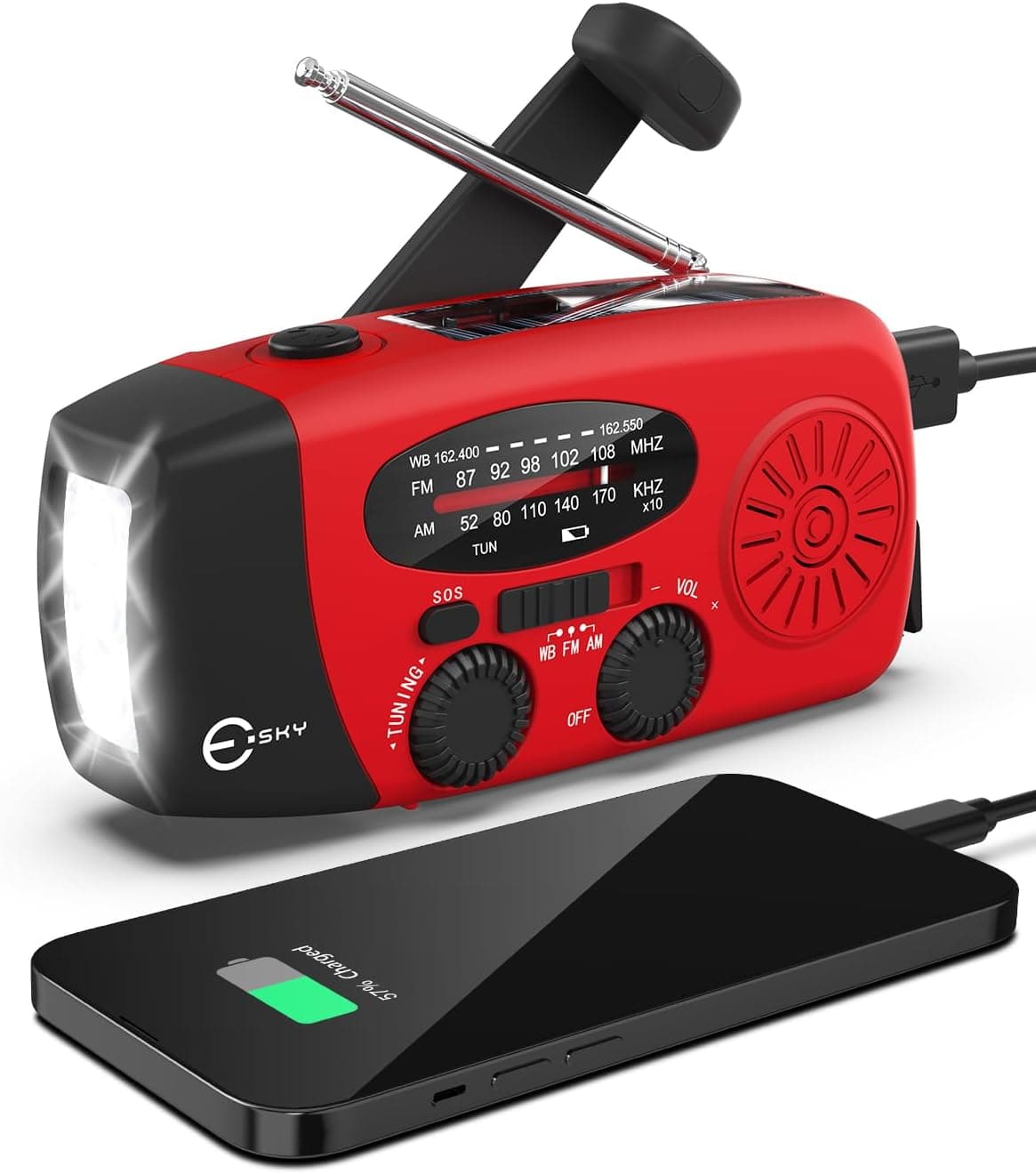 Esky Emergency Hand Crank Radio 7400mWh with 3 LED Flashlight, AM/FM/NOAA Portable Weather Radio with Built-in 2000mAh Battery, Solar Powered Radio for Indoor Outdoor Survival Camping, SOS Alarm