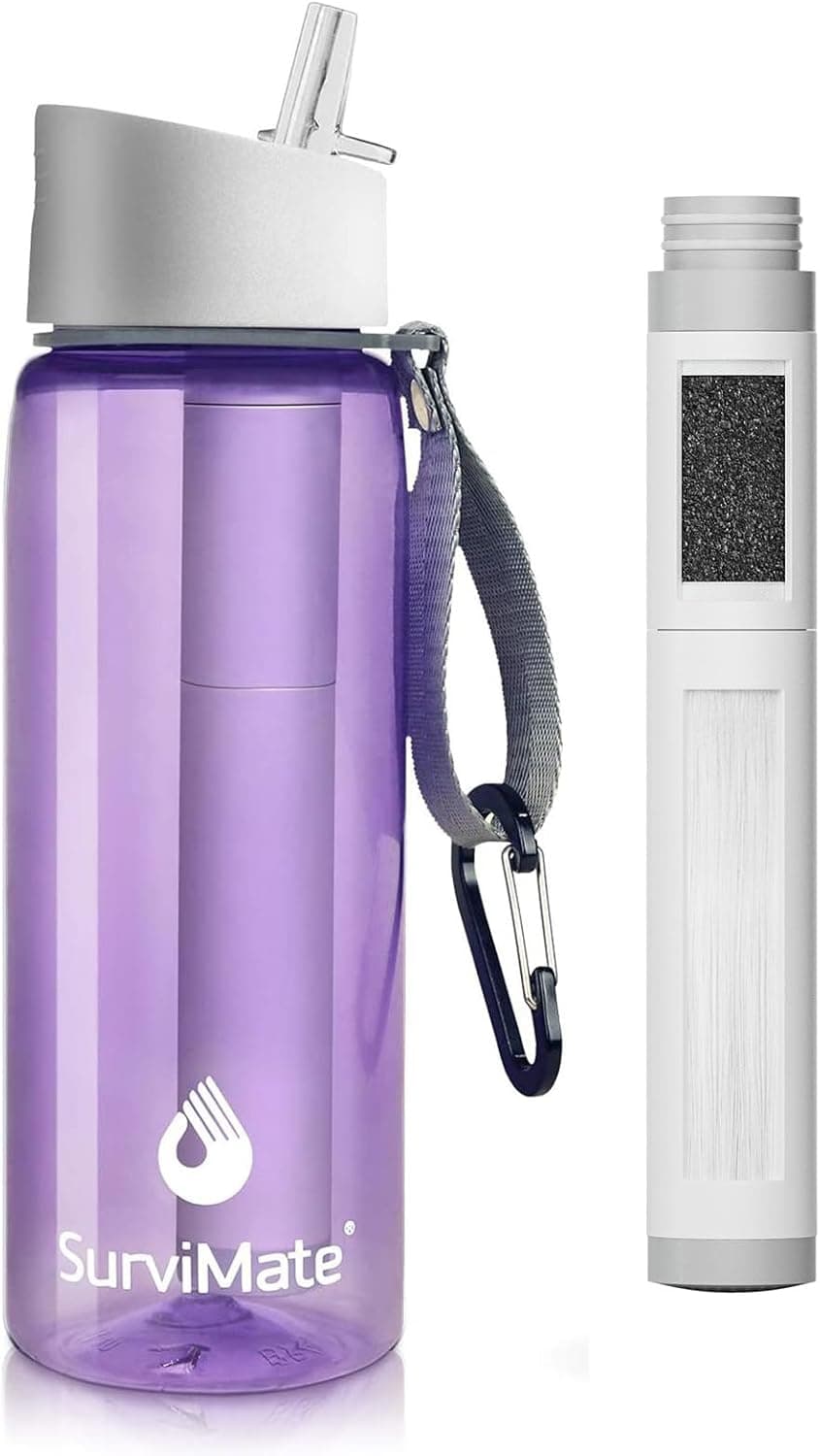 SurviMate 5-Stage 0.01μm Ultra-Filtration Filtered Water Bottle, BPA-Free Material, NSF/ANSI 42 Certified, Portable Water Filter Bottle for Survival, Camping, Hiking, and Emergency Use