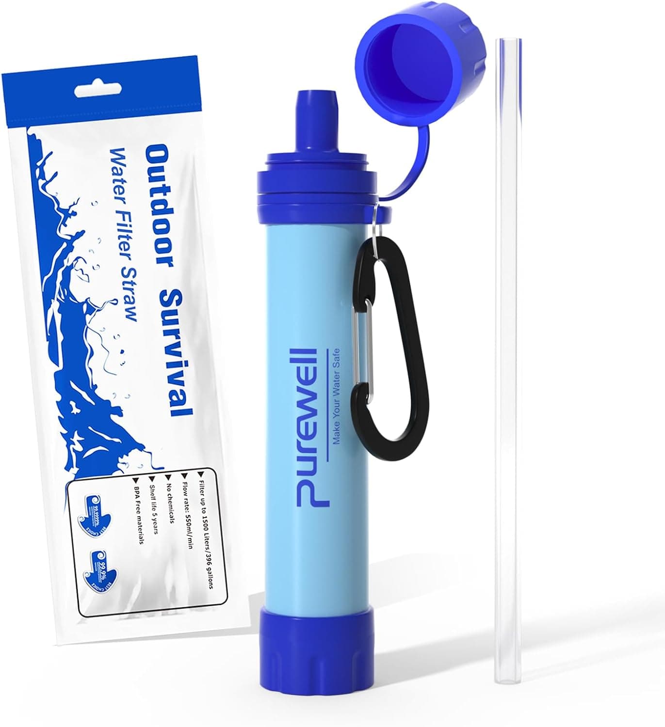Purewell Outdoor Water Filter Personal Water Filtration Straw Emergency Survival Gear Water Purifier for Camping Hiking Climbing Backpacking