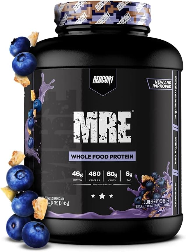 REDCON1 MRE Whole Food Protein Powder, Blueberry Cobbler - Meal Replacement Made with Animal and Plant Based Protein Sources, Nutrient and Calorie Dense, 0g Added Sugar (24 Servings)