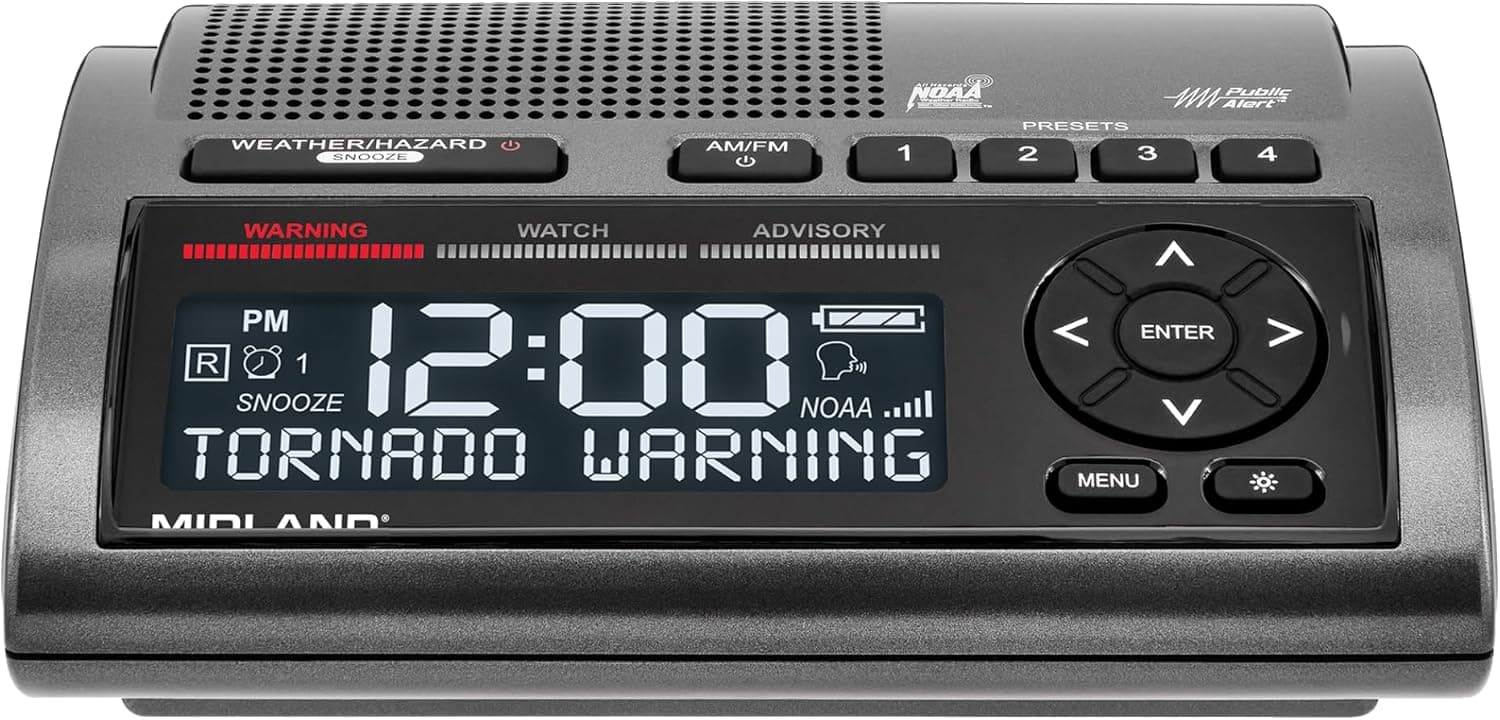 Midland - WR400 Weather Radio Deluxe - NOAA Emergency Alert Scanner – Home Use with Battery Backup - Local County Programming Over 80 Emergency Voice Flashing Alerts – Alarm Clock AM/FM Radio