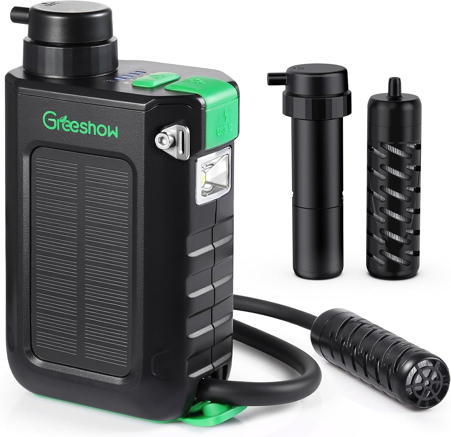 Greeshow Electric Portable Water Filter with Reusable 0.01 Micron Filter for Camping, Hiking, Survival with 3000mAh Portable Power Bank, Suport USB/Solar/Hand Crank Charing (Set of 2 Filters)