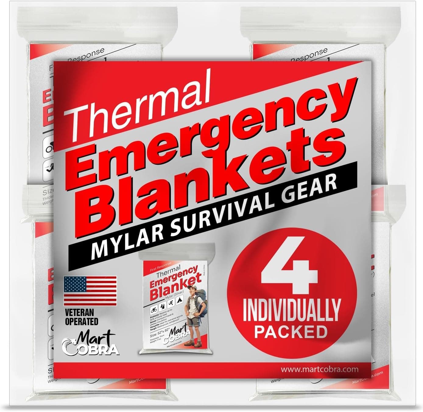 Emergency Blanket Mylar Thermal Space Survival Gear & Supplies 4-Pack Foil