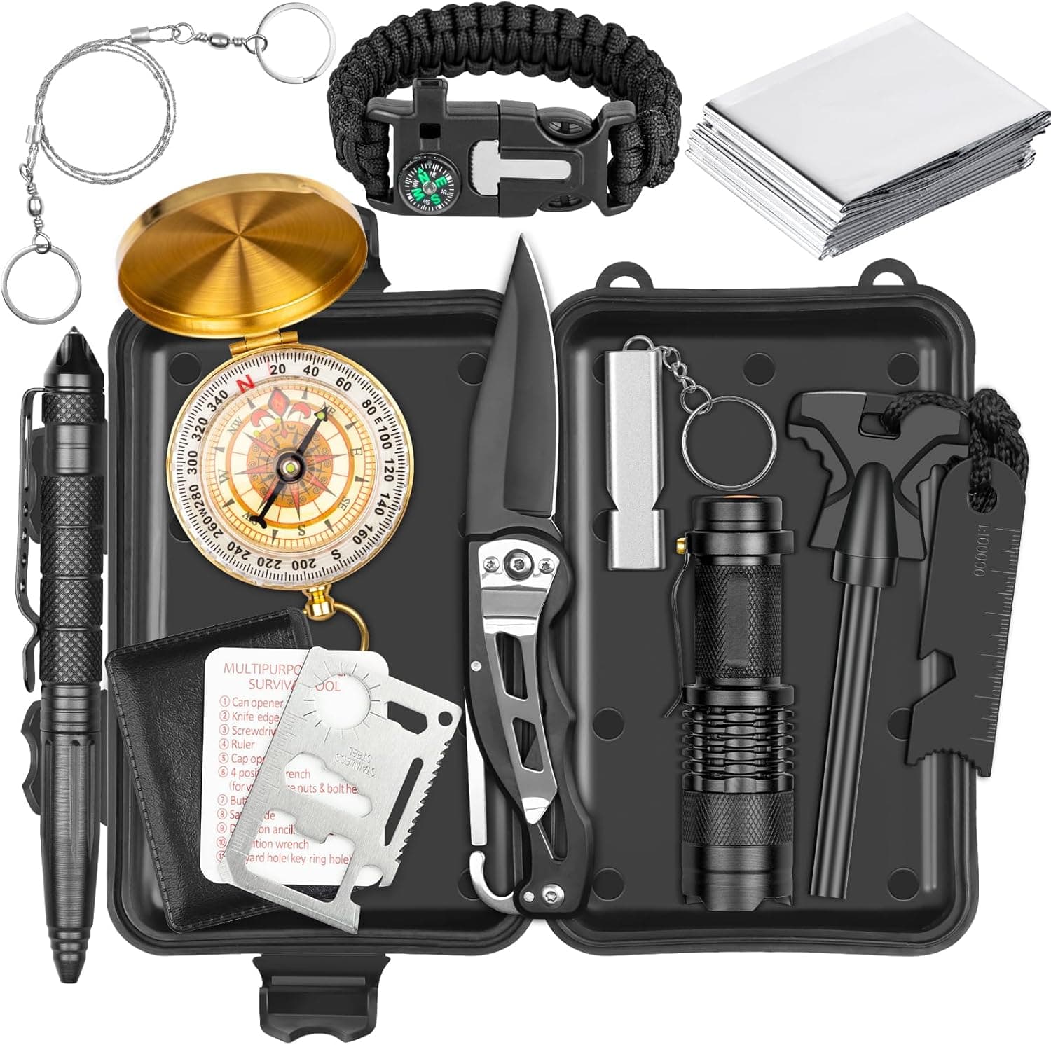 Alritz 12-in-1 Survival Kit Compass Fire Starter for Camping Hiking