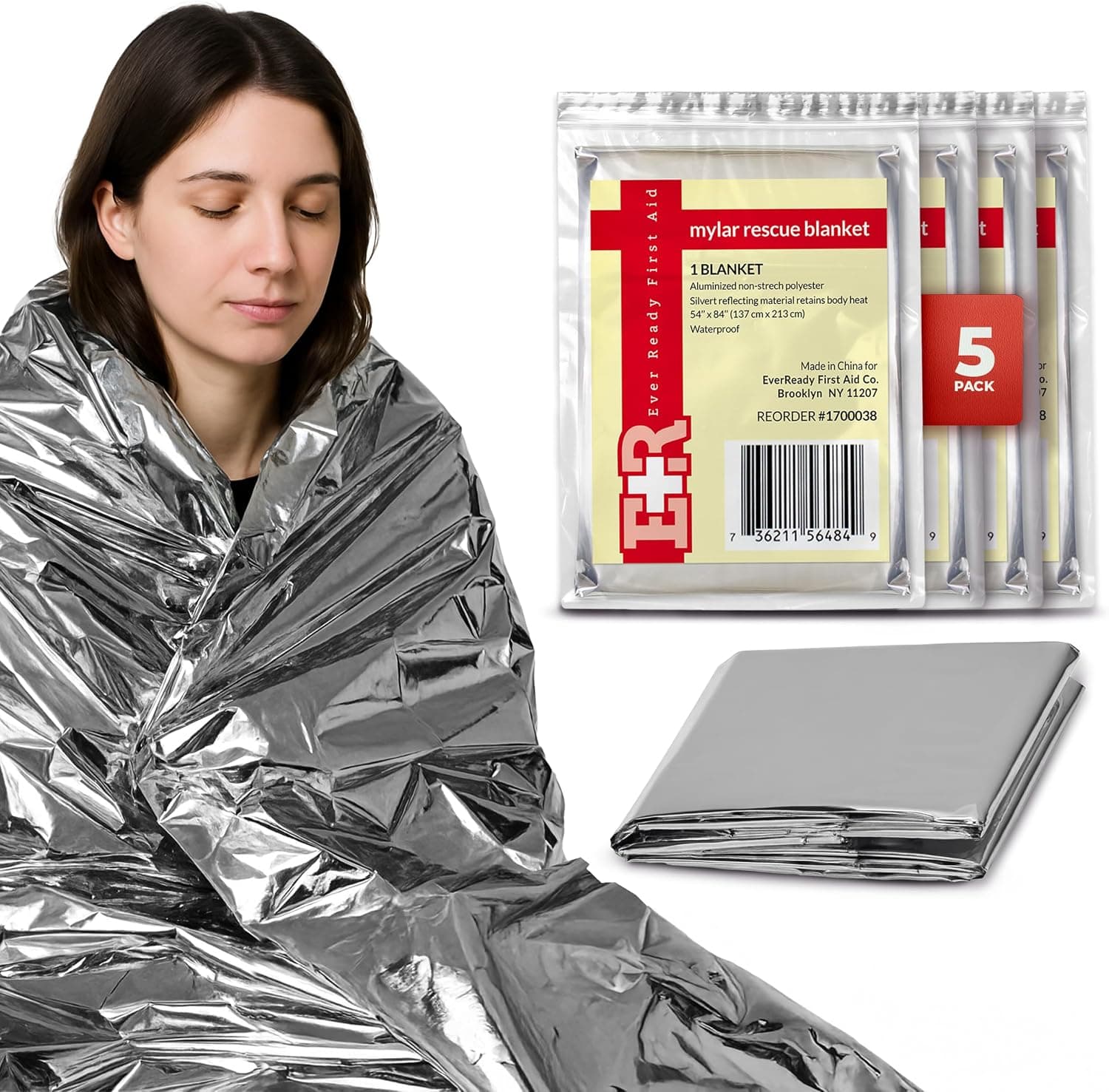 Ever Ready First Aid Mylar Rescue Blanket, Large Silver Thermal Sheet for Emergency and Survival, 54” x 84” – 5 Count