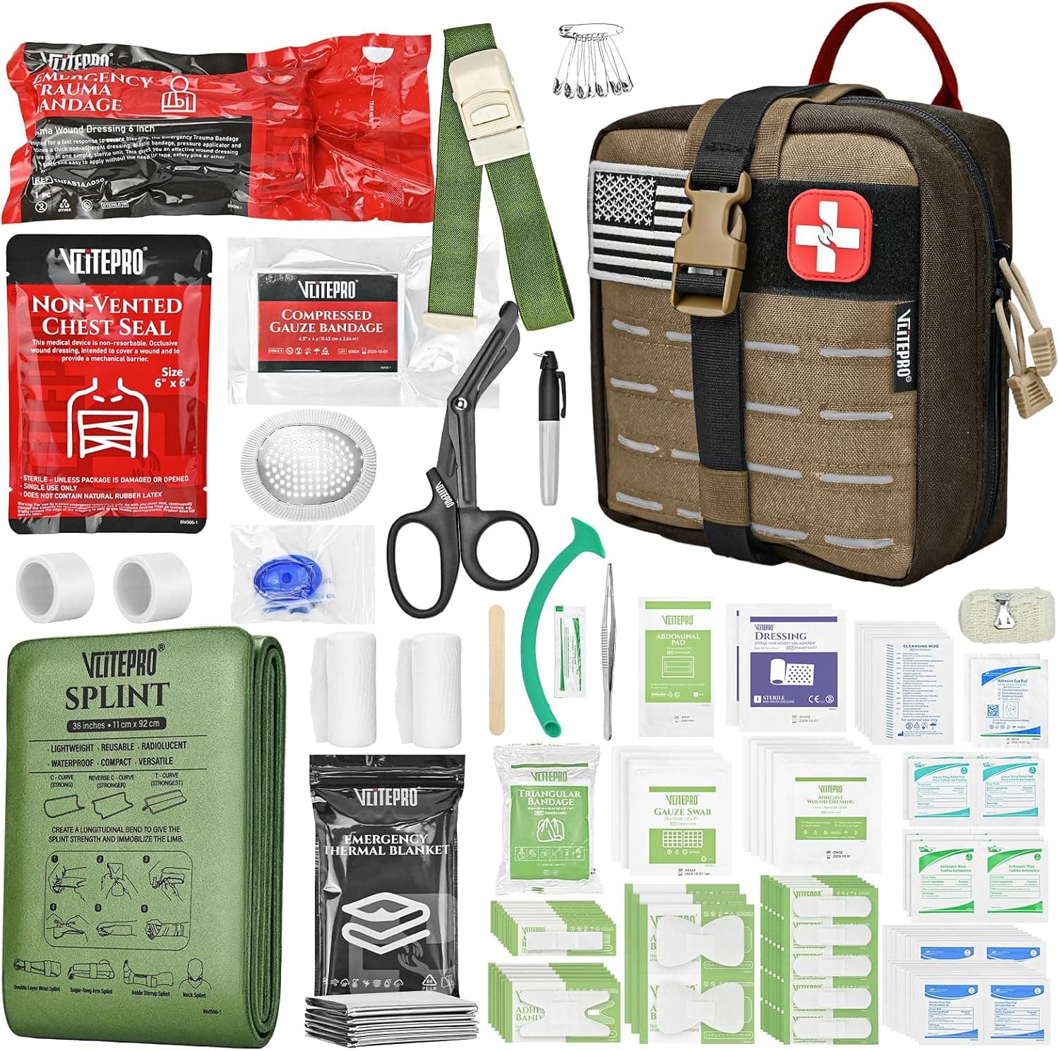 144 Pcs Advanced Trauma First Aid Kit - Emergency Camping Gear with Tourniquet, Compression Bandage, 36" Splint | Portable Survival Gear for Outdoor, Home, Camping- Gift for Husband Dad and Wife-Brown