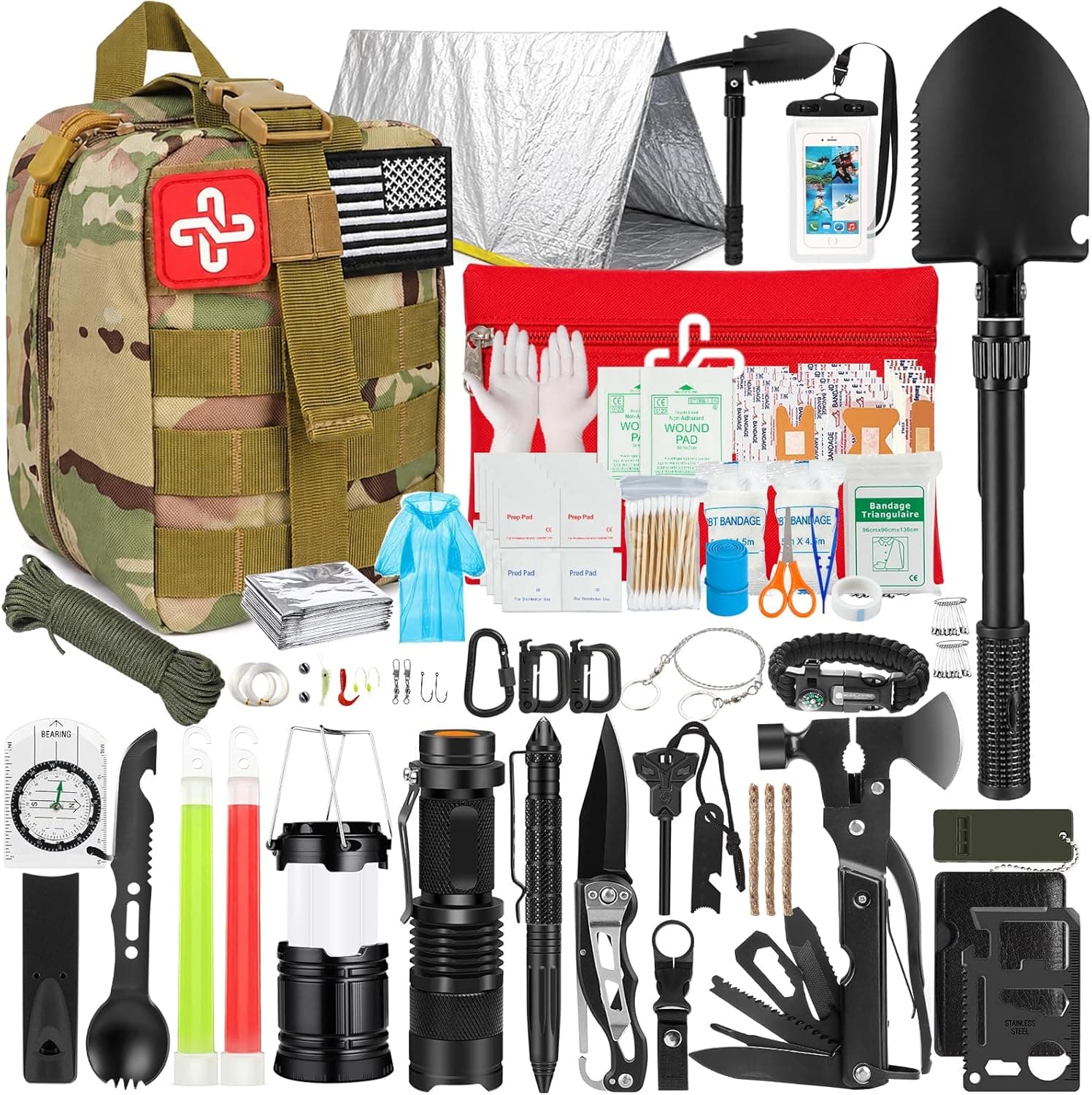 Survival Kit, 250Pcs Survival Gear First Aid Kit with Molle System Compatible Bag and Emergency Tent, Emergency Kit for Earthquake, Outdoor Adventure, Hiking, Hunting, Gifts for Men Women