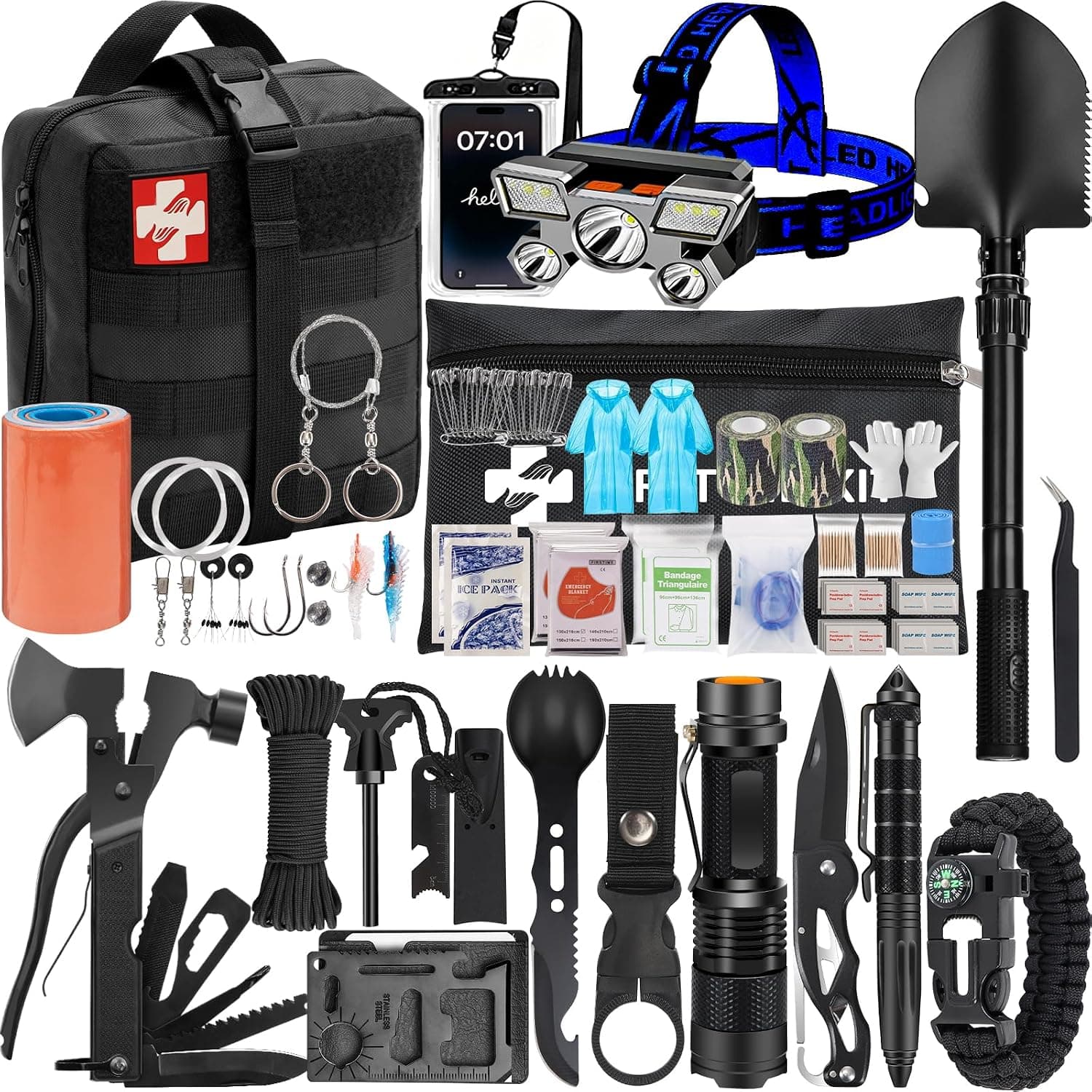 GPUSFAK Emergency Survival Kit and First Aid Kit, Camping First Aid Survival Kit with Molle Pouch for Preparedness Outdoor Adventure, Black