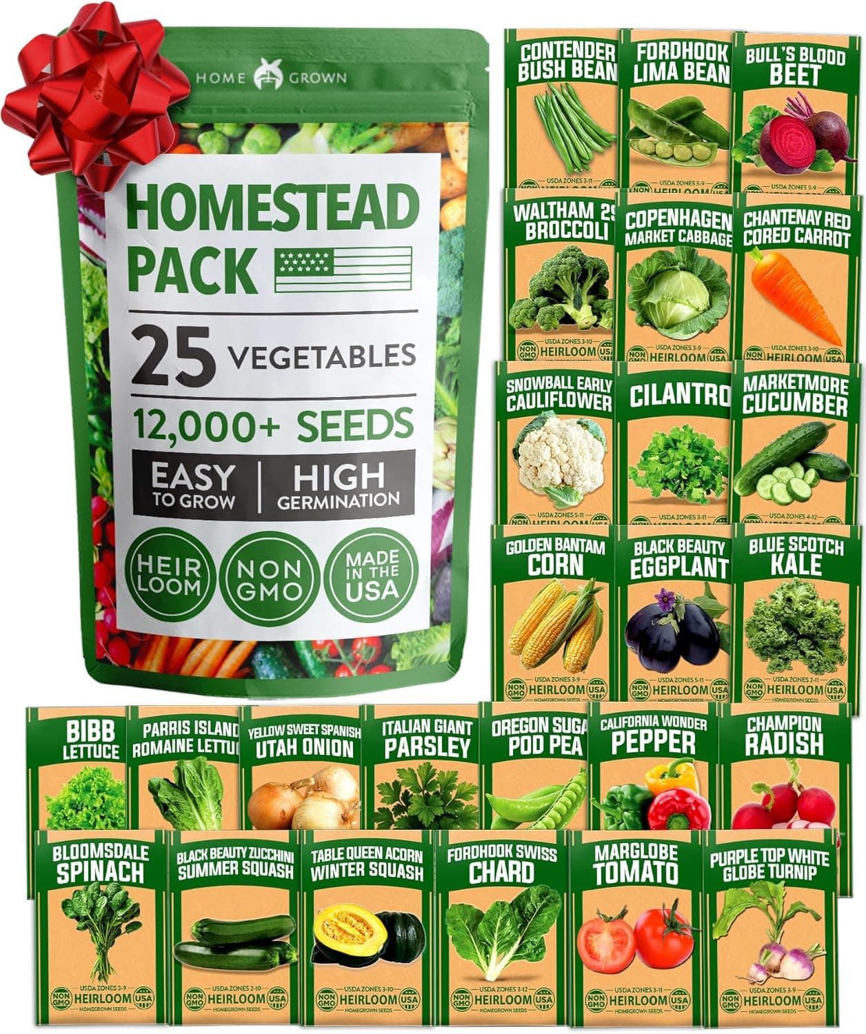 HOME GROWN 25 Variety Survival Seed Vault 12,000+ Heirloom Non-GMO Vegetable Seeds for Planting, High Germination, Family Garden Starter Kit, Tomatoes, Peppers, Carrots, Beans, Kale, Indoor Outdoor